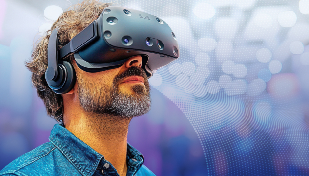Man standing in a Smart Convention Center with Virtual Reality glasses on